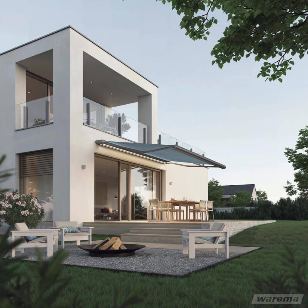 Markise mit blauem Stoff Markise mit Licht